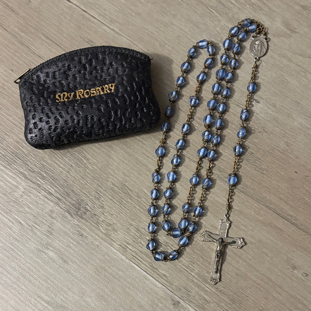 Blue and Silver Rosary with Black Pouch